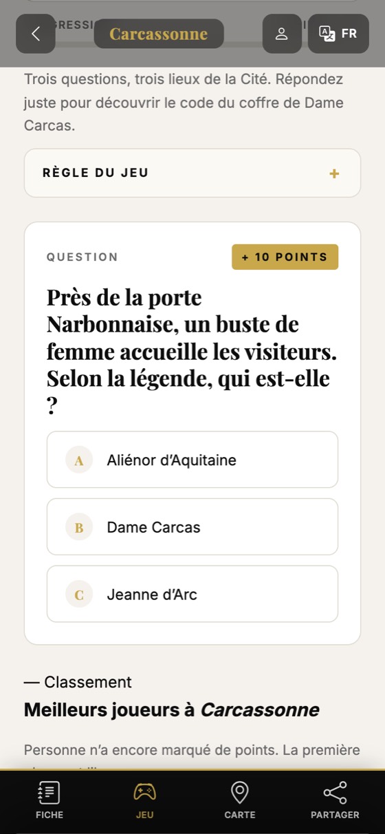 Chasse au trésor : une question à choix multiples devant la porte Narbonnaise